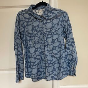 Loft - softened denim button down - small - blue with floral design